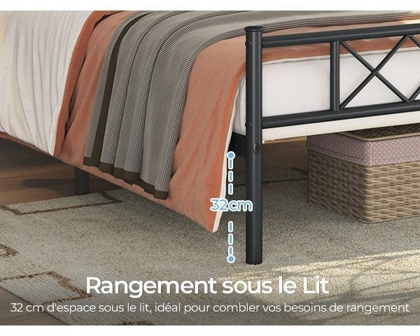 Costoffs Cadre de Lit en Métal Moderne - Structure à 6 Pieds avec Tête de Lit Design en Forme X - Sommier à Lattes Métalliques et Grand Espace de Rangement Sous-lit - Idéal pour Chambre d'Invite, Dortoir ou Appoint - Style Industriel Élégant