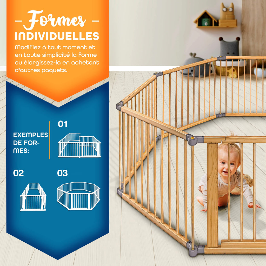 KIDUKU® Parc bébé pliable XXL de 7,2 mètres avec porte | Parc en bois avec double sécurité | Parc pliable pour enfants avec 8 éléments