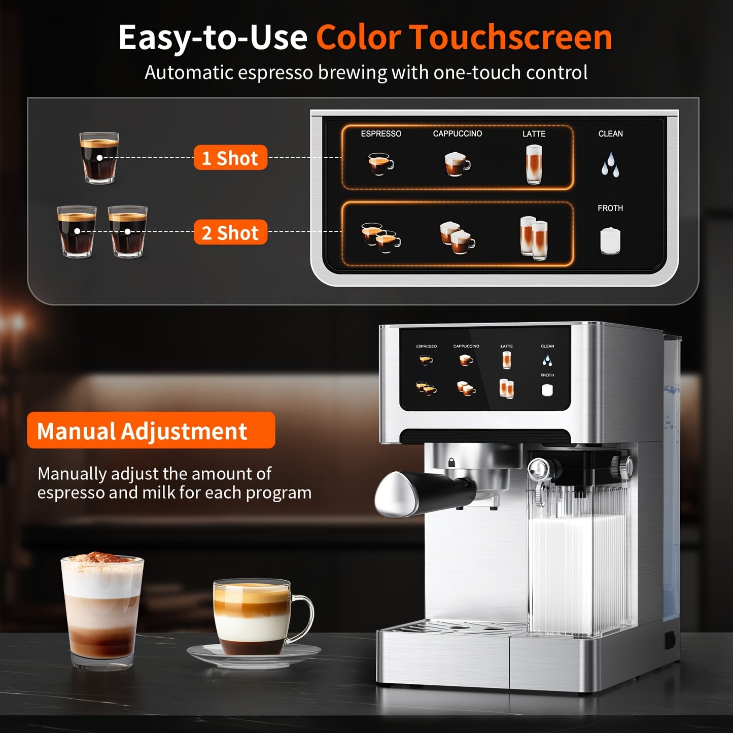 Machine à café espresso, 20 bars de pression, réservoir d'eau 1,8 L, mousseur à lait automatique, système à double chaudière, écran LCD, choix parfait pour la préparation de café à la maison, idéale pour préparer un espresso, cappuccino et latte authentiq