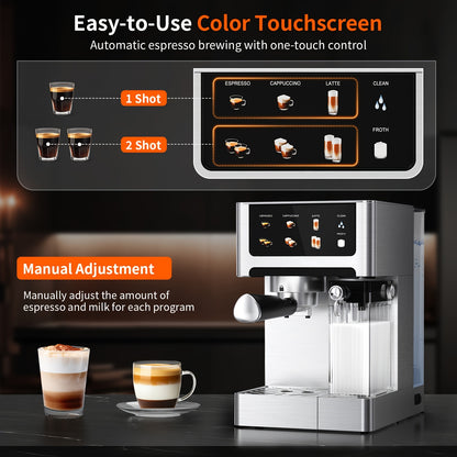 Machine à café espresso, 20 bars de pression, réservoir d'eau 1,8 L, mousseur à lait automatique, système à double chaudière, écran LCD, choix parfait pour la préparation de café à la maison, idéale pour préparer un espresso, cappuccino et latte authentiq