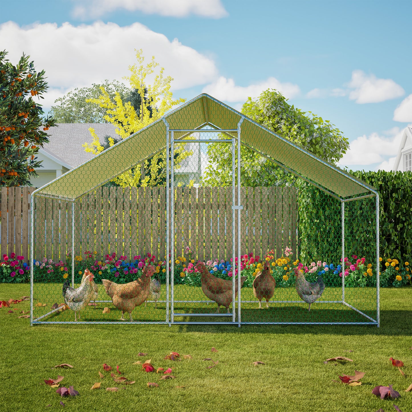 Poulailler 3X2M Cage à Poulets Enclos Extérieur pour l'Élevage en Liberté, Enclos Extérieur avec Serrure de Sécurité, Filet Revêtu et Toit en PE, Enclos pour Poulets, Canards, Lapins et Autres Petits Animaux.