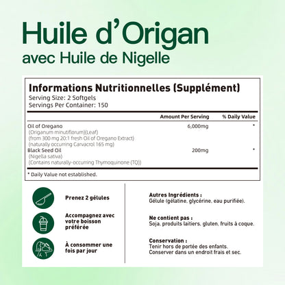 VIVONU Huile d'origan plus huile de graine noire, huile d'origan équilibrée en capsules, gélules d'huile d'origan, carbophénol, thyquinone