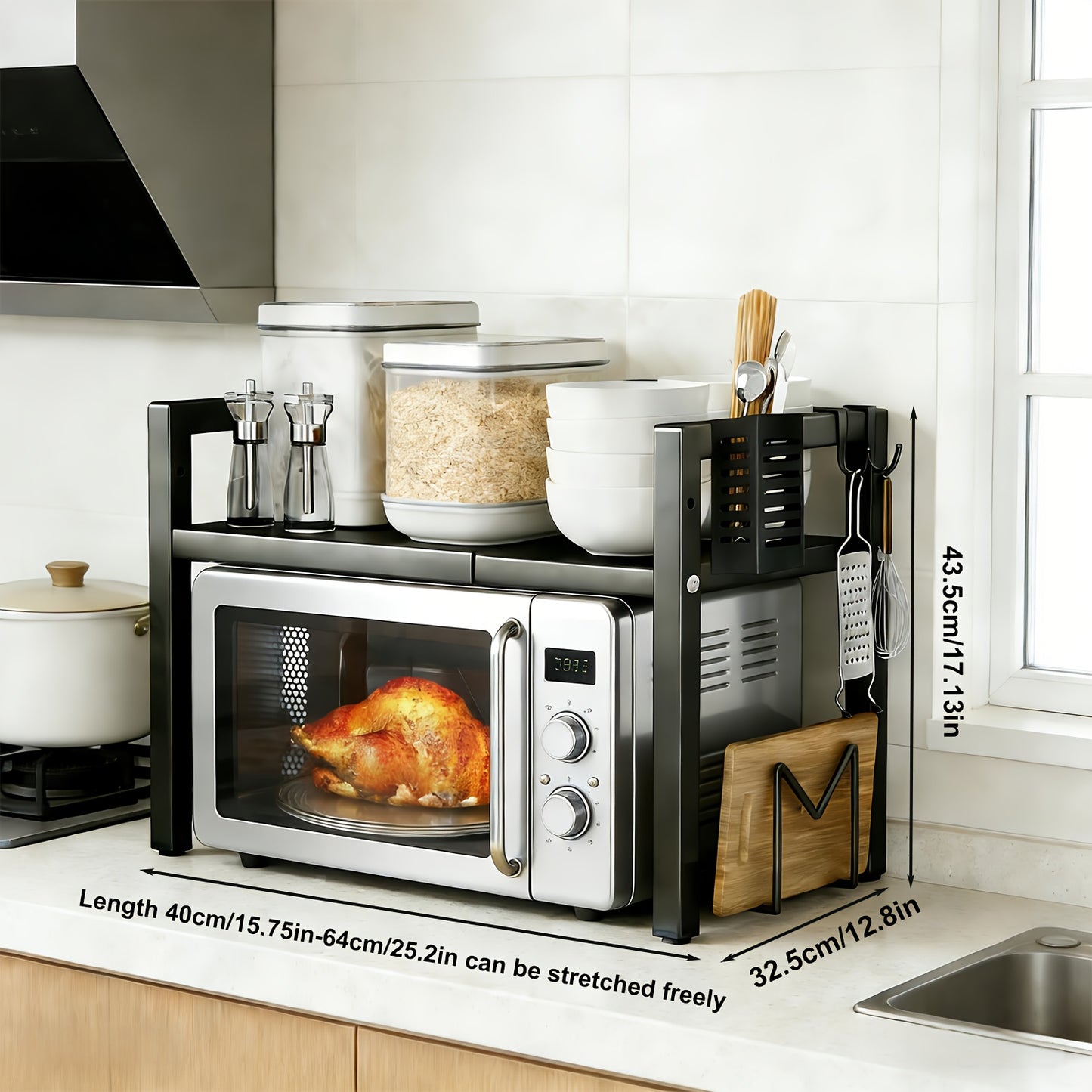 Étagère Micro-ondes Extensible 2 Niveaux avec 5 Crochets, Organisateur de Cuisine, Étagère pour Micro-ondes et Pâtisserie, Extensible de 42 à 60 cm, Noir