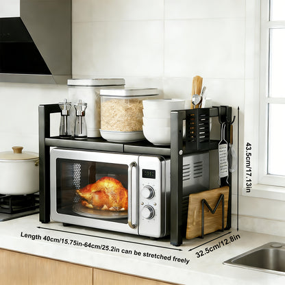 Étagère Micro-ondes Extensible 2 Niveaux avec 5 Crochets, Organisateur de Cuisine, Étagère pour Micro-ondes et Pâtisserie, Extensible de 42 à 60 cm, Noir