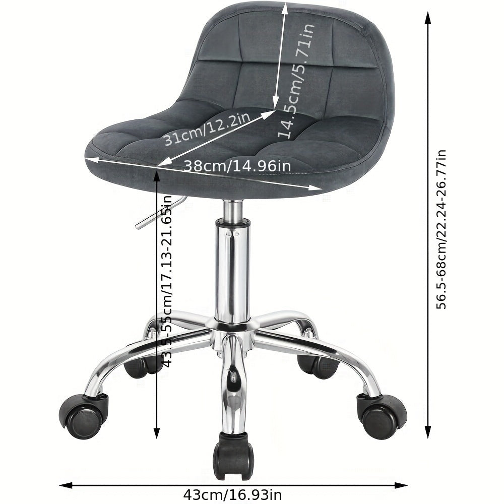 Tabouret de bureau 1x avec roulettes, chaise de coiffeuse à hauteur réglable, tabouret à bascule à roulettes avec dossier bas, tabouret de travail, hauteur d'assise 43,5-55 cm, velours