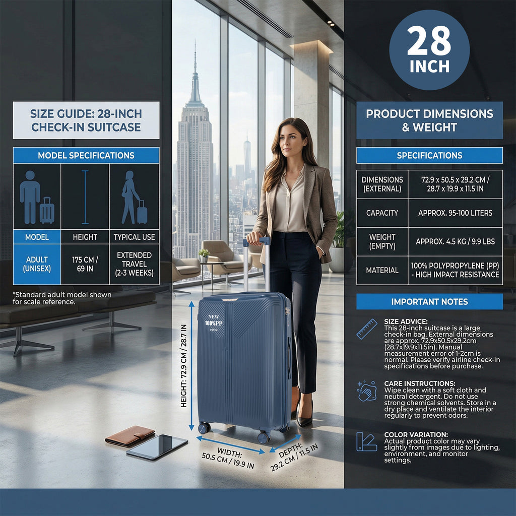Disponible en 20, 24 et 28 pouces, ce bagage en PP offre une grande flexibilité. 20 pouces pour le passage à la poche, 24/28 pouces pour le bagage enregistré. Roues silencieuses, serrure sécurisée et design lisse le rendent parfait pour tout voyage.