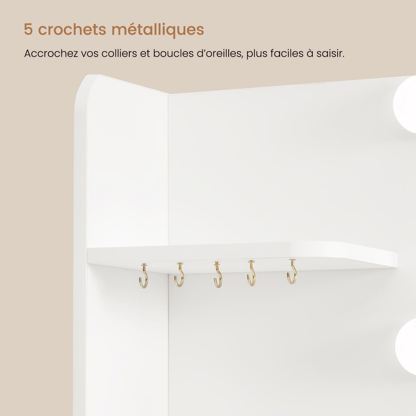 Grande coiffeuse avec miroir lumineux LED et prise électrique, table de Cosmétique avec 7 tiroirs, 4 étagères et 5 crochets, table de toilette, ensemble de coiffeuse pour chambre à coucher, salle de bain
