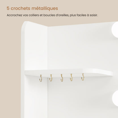 Grande coiffeuse avec miroir lumineux LED et prise électrique, table de Cosmétique avec 7 tiroirs, 4 étagères et 5 crochets, table de toilette, ensemble de coiffeuse pour chambre à coucher, salle de bain