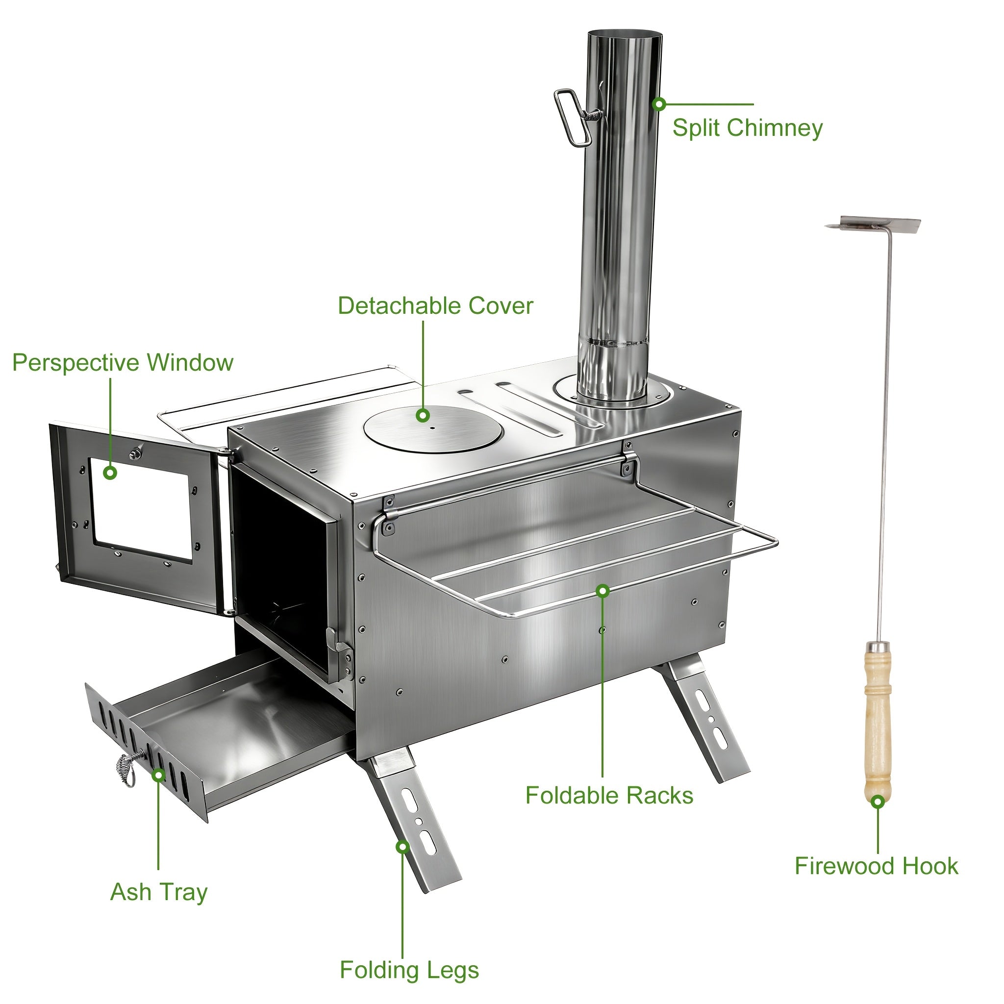 Poêle à bois pour tente, cheminée en acier inoxydable en 7 sections, poêle portable pour tente chauffante, camping, chasse, pêche sur glace