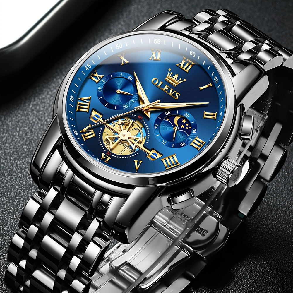 Montres pour Hommes OLEVS Montre à Quartz de Luxe avec Bracelet en Acier Inoxydable, Numéros Romains et Phases Lunaires Lumineuses, Classique Élégante, Cadeaux Romantiques de Noël, Relojes de Hombre Bleu/Noir/Blanche/Cadran Doré