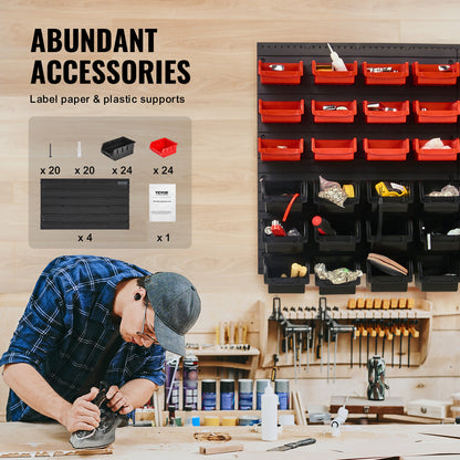 VEVOR Rangement mural pour pièces détachées, organiseur de garage à 48 compartiments en plastique avec panneaux muraux, rangement pour écrous, boulons, vis, clous, perles, boutons, autres petites pièces, noir et rouge