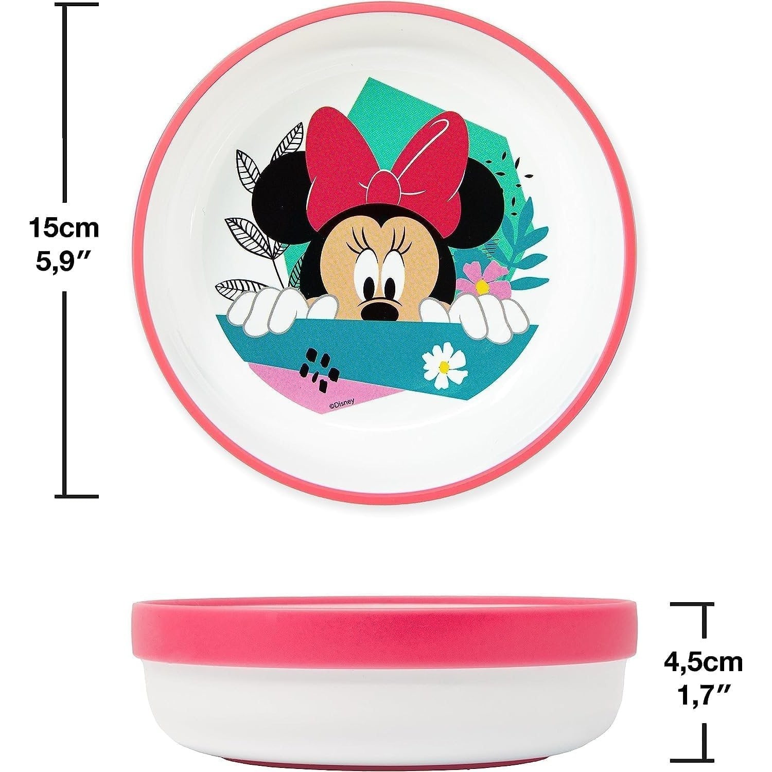 Ensemble de vaisselle réutilisable pour enfants, bicolore – Ensemble de 3 pièces : assiette, bol et tasse pour enfants et bébés avec base antidérapante – (Pour MINNIE MOUSE)