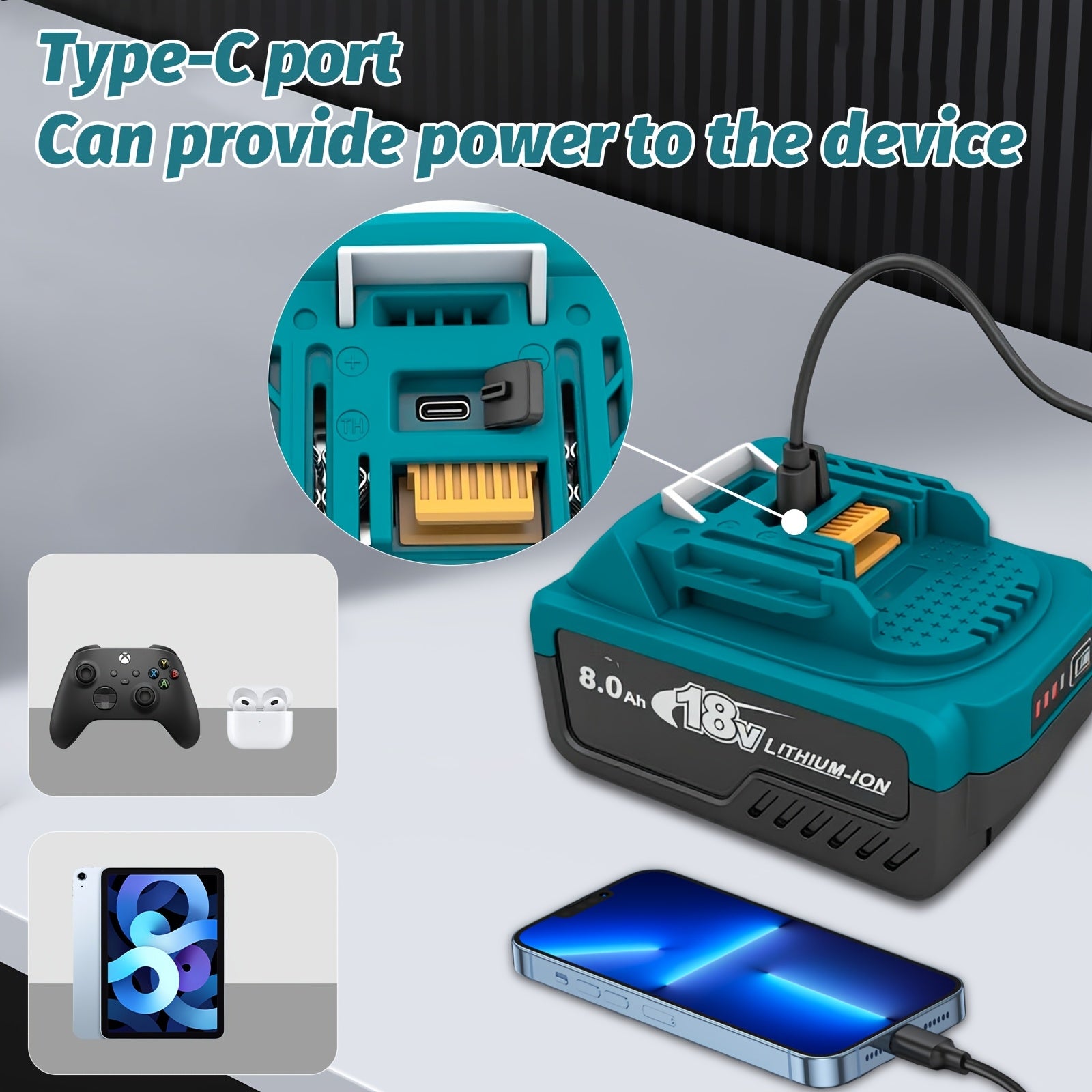 Ensemble chargeur uniquement/ Lot de 2 batteries au lithium-ion 8000mAh et chargeur, batterie avec ports de charge Type-C, lot de 2 batteries de rechange 8,0Ah BL1830 compatibles avec les batteries Makita 18V BL1850 BL1830 BL1850B BL1860B BL1860 BL1830B B