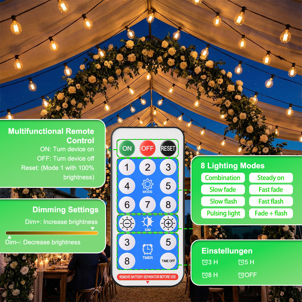 Guirlande Lumineuse Solaire LED G40 30M/20M/15M Blanc Chaud 8 Modes d'Éclairage Anti-chute et plus durable - Guirlandes Solaires d'Extérieur pour Jardin Cour Patio Décoration de Fête de Mariage Inclut des Ampoules de Rechange, Alimentation de Batterie à L