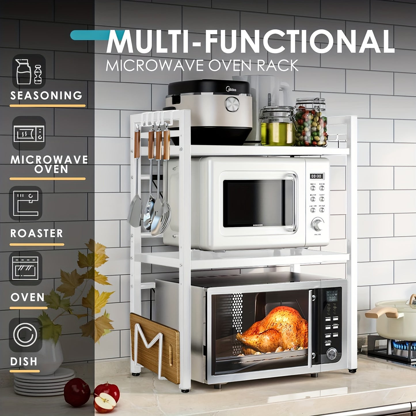 Étagère Micro-ondes Devesanter, Étagère de Cuisson Extensible 3 Niveaux avec 6 Crochets, 3 Porte-Serviettes et 1 Porte-Planche à Découper. Idéale pour Étagères de Cuisine, Étagères à Épices et Rangement de Micro-ondes. Noir. S'étend de 40 cm à 64 cm