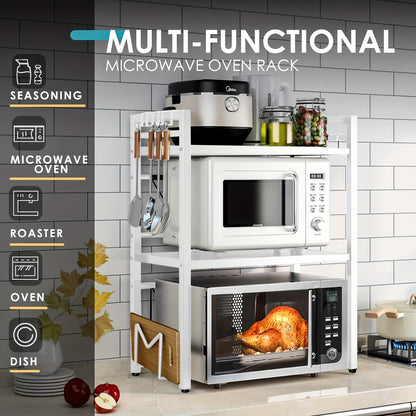 Étagère Micro-ondes Devesanter, Étagère de Cuisson Extensible 3 Niveaux avec 6 Crochets, 3 Porte-Serviettes et 1 Porte-Planche à Découper. Idéale pour Étagères de Cuisine, Étagères à Épices et Rangement de Micro-ondes. Noir. S'étend de 40 cm à 64 cm