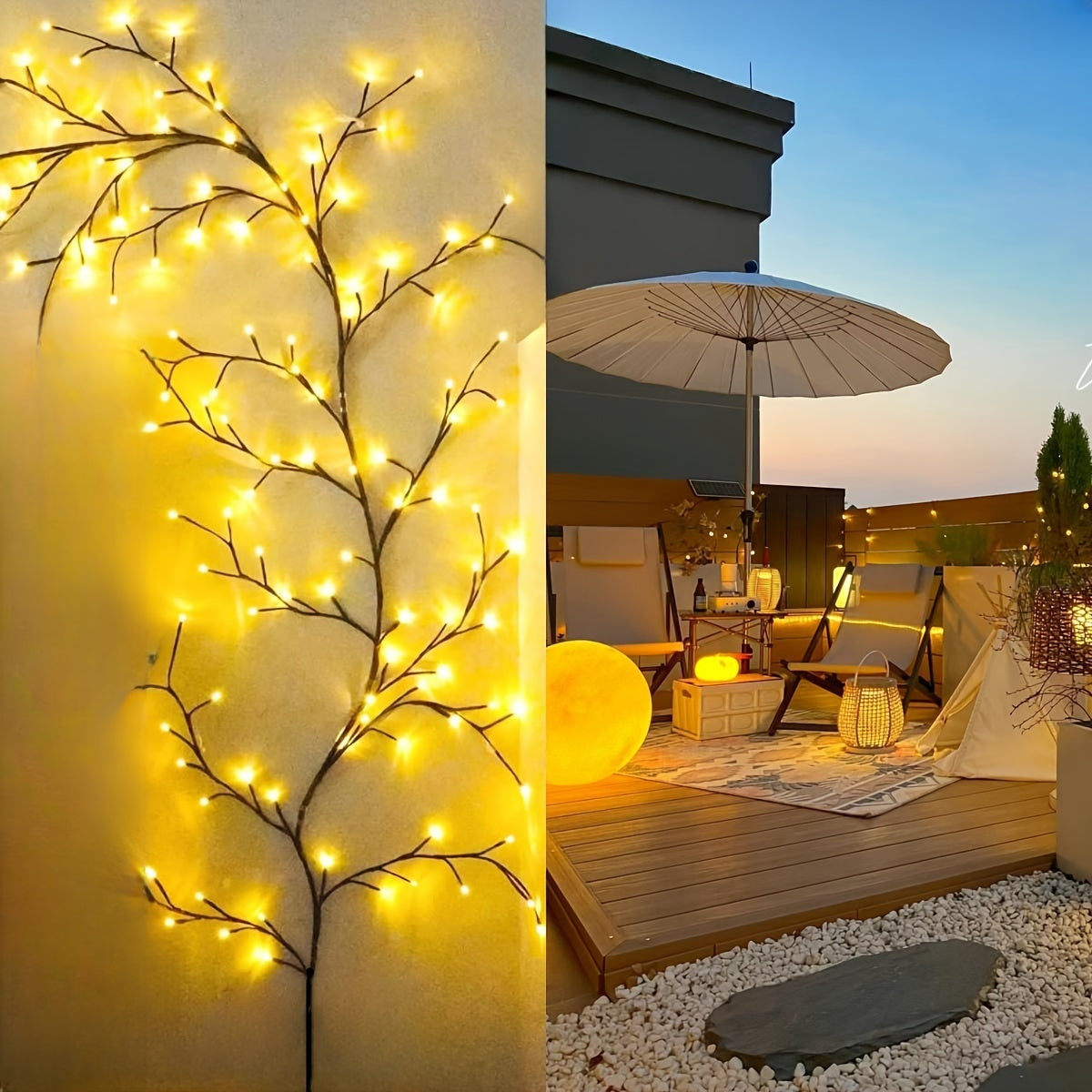 1 guirlande lumineuse féérique en branche de saule enchantée par le soleil avec une lumière blanche chaude - Lanterne suspendue de 1,8 m (5,9 pi), batterie de secours et panneau solaire (sans câblage) pour Noël, Halloween, mariage, fête en intérieur/extér