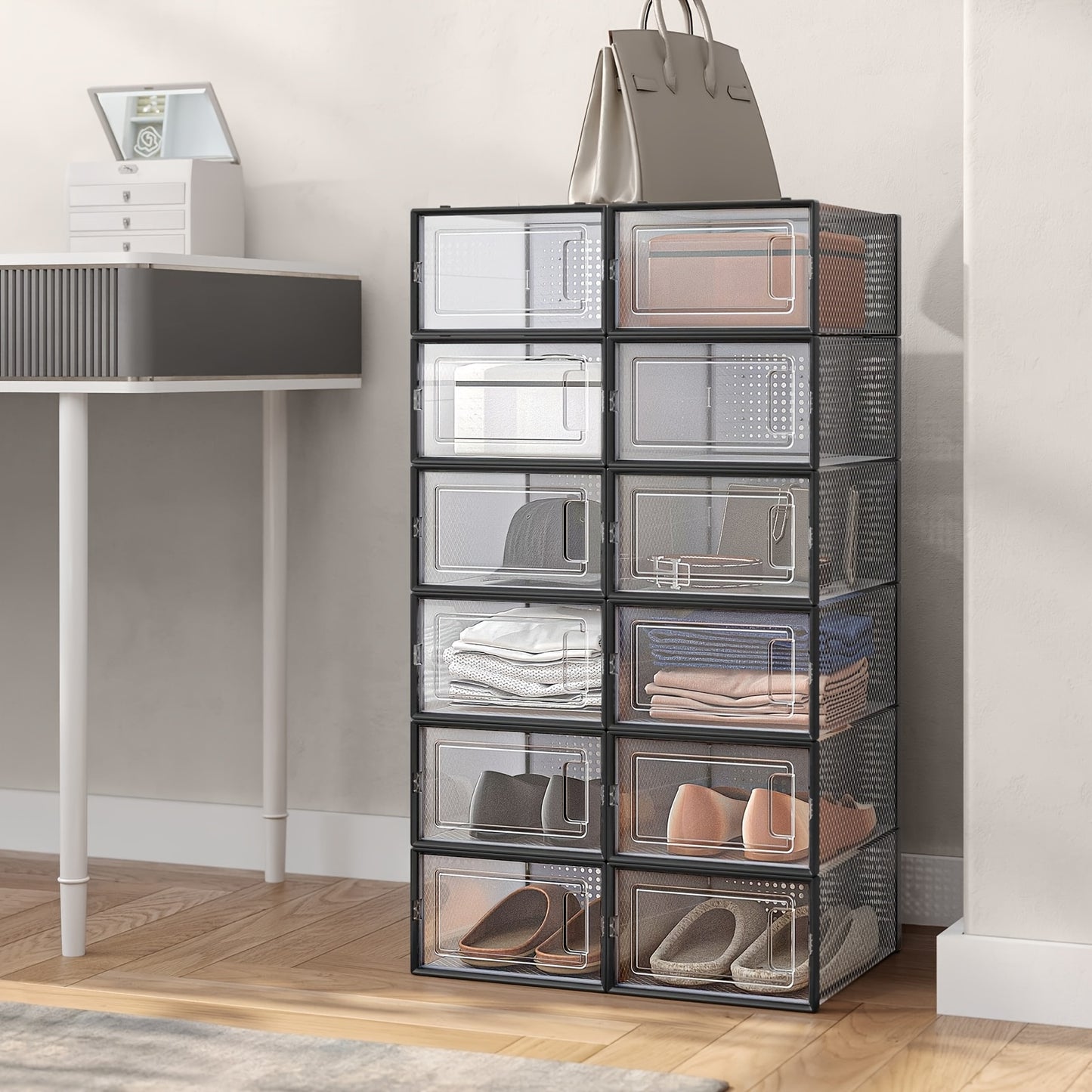 Lot de 12 boîtes à chaussures transparentes à ouverture latérale, boîte de rangement à chaussures de grande capacité, meuble à chaussures/boîte de rangement à chaussures pour la maison