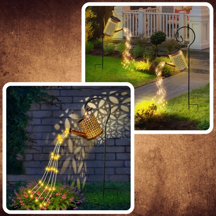 Lanterne de Jardin LED à Énergie Solaire XXL en Forme d'Arrosoir avec Capteur de Crépuscule. Lampe Solaire Décorative avec Eau Coulante et Effet de Goutte LED. Arrosoir Suspendu en Métal sur Support, 83 cm, pour Jardinières, Pelouses et Parterres de Fleur