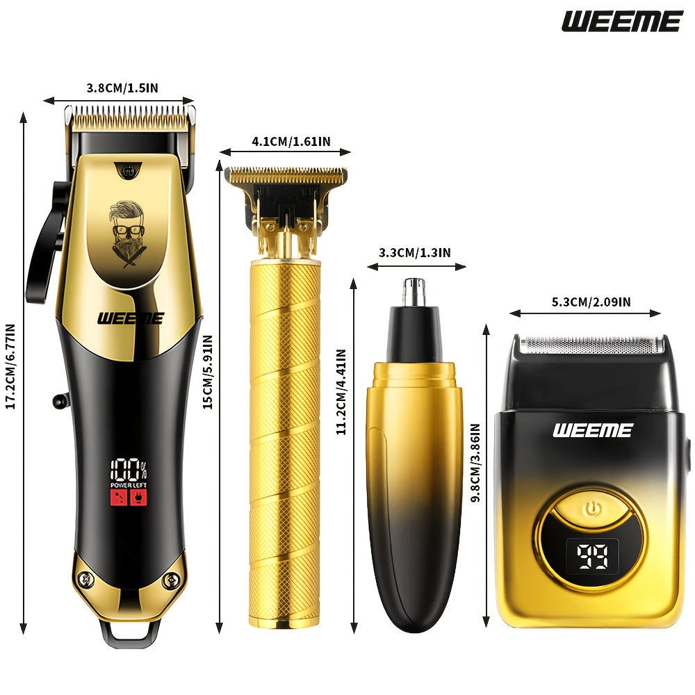 WEEME Ensemble de 4 tondeuses à cheveux électriques dorées pour hommes, outils de toilettage à domicile comprenant une tondeuse à cheveux électrique, un rasoir, un tondeuse à poils de nez et un tondeuse de précision, parfait pour la maison, la voiture ou