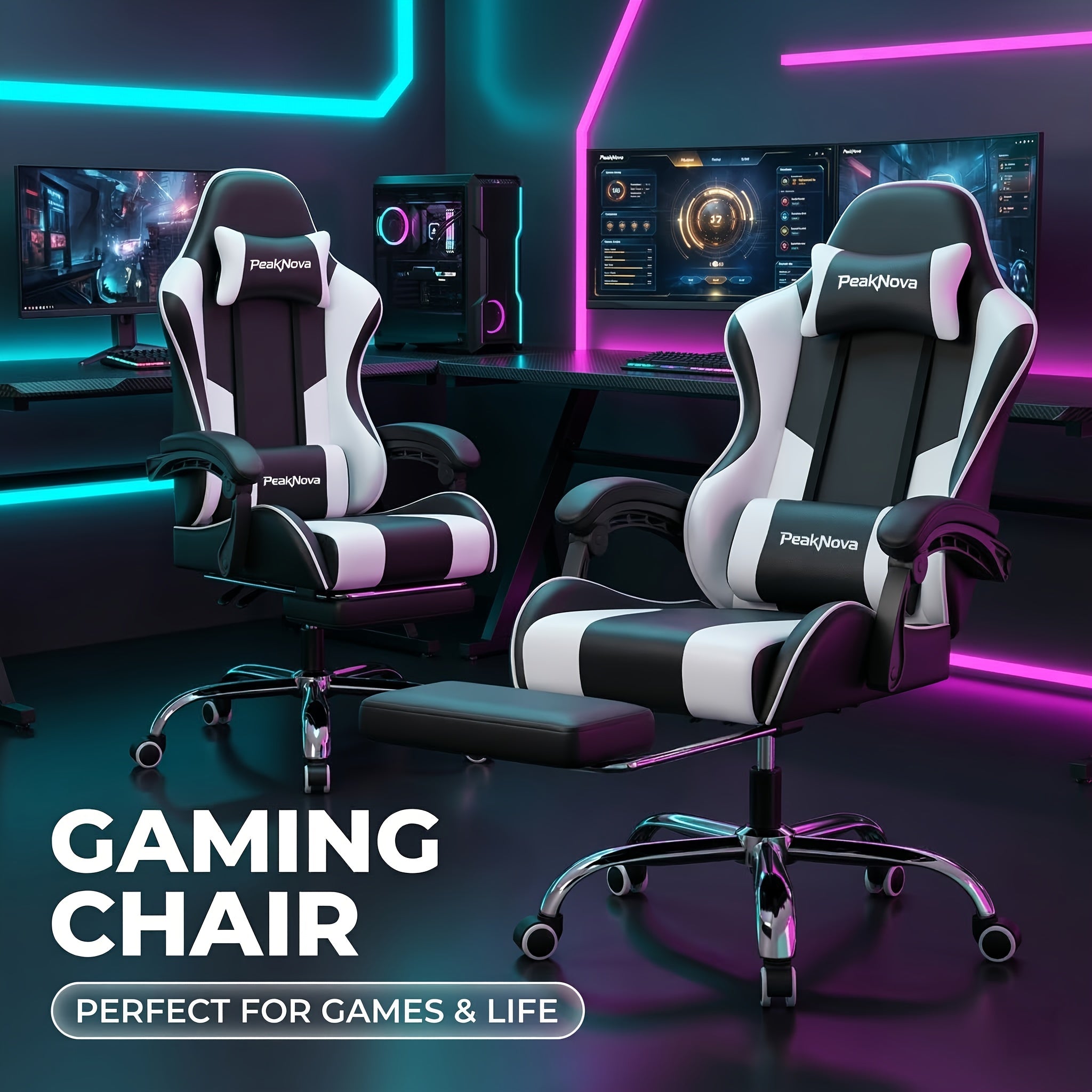 Chaise de gaming ergonomique à haute capacité de charge, design élégant à blocs de couleurs, dossier réglable à 135°, cadre stable, parfaite pour le travail et les jeux