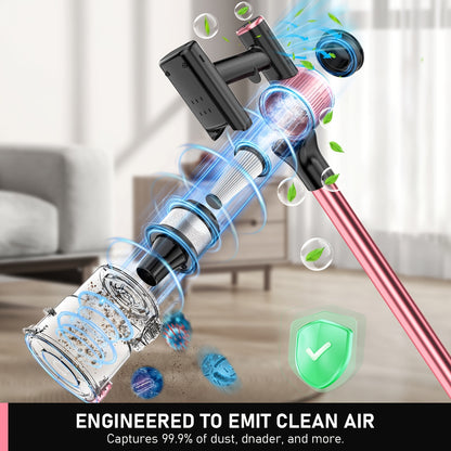 Aspirateur Balai Sans Fil Léger 10 en 1 à Haute Aspiration pour Animaux et Maison, Autonomie de 45 Minutes avec Tuyau Extra-long Amélioré, Brosses -nœuds, Lumière LED Verte pour Nettoyage de Sols, Tapis et Poils d'Animaux