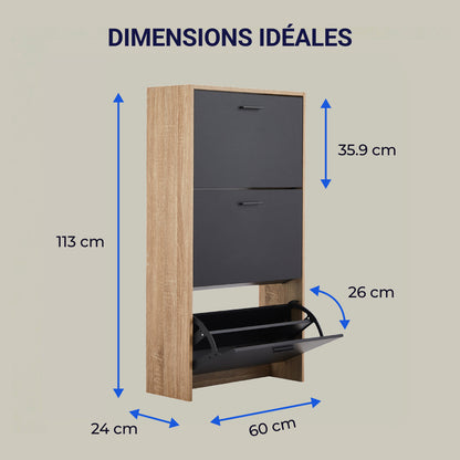 Meuble à chaussures avec 3 compartiments à abattant, armoire de rangement en bois pour jusqu'à 18 paires, organisateur d'entrée peu encombrant