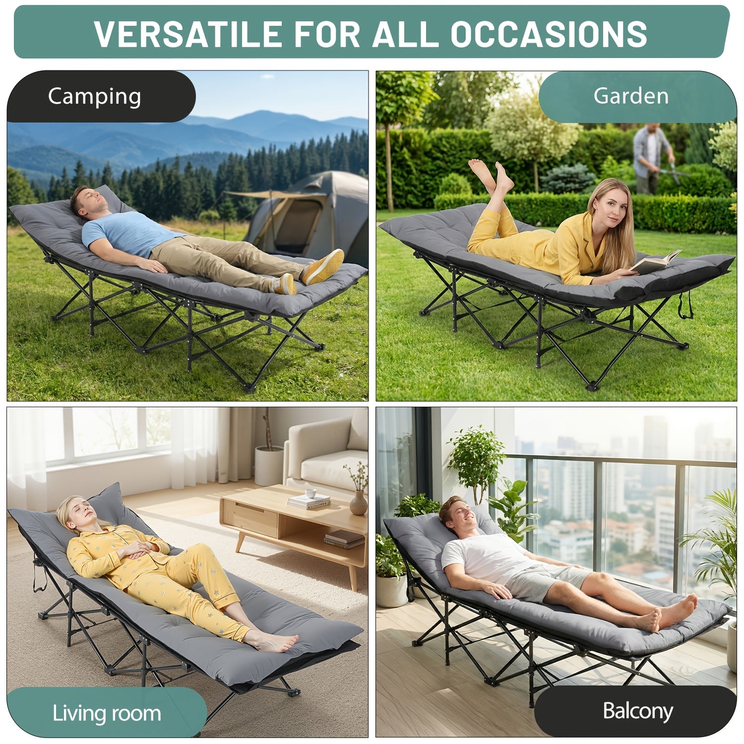 Lit de camping portable, charge maximale de 150 kg, extra large avec matelas épais, lit pliant pour camping en plein air/bureau, sieste à la maison