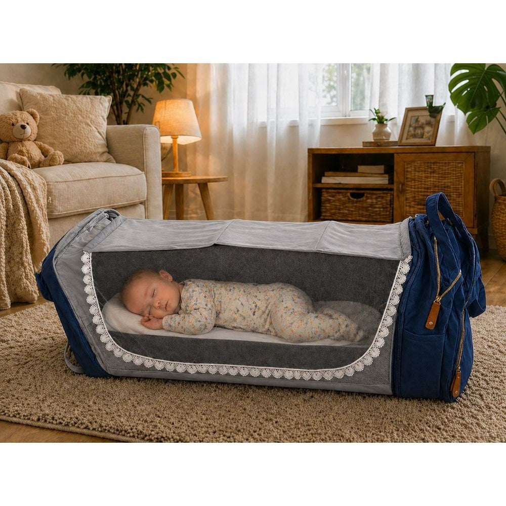 Sac à dos Maman avec lit et USB, Sac à dos multifonctionnel pour parents avec organisateur, Grand sac à dos de voyage avec fonction lit pour enfants, Sac à dos pratique pour la marche et les voyages, Lit pliable avec matelas, Sac à dos quotidien spacieux