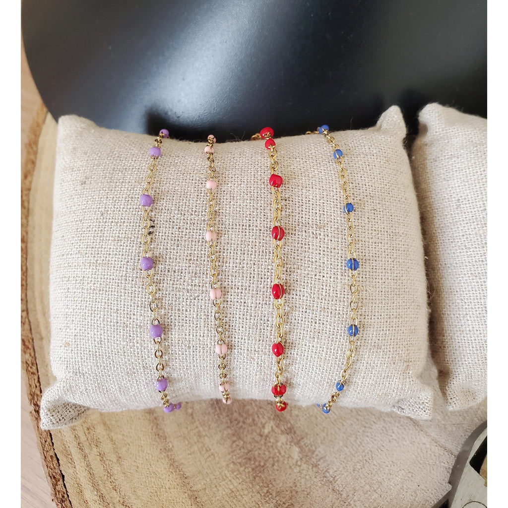 Bracelet perles d'email chaine acier inoxydable couleur or artisanal fait main