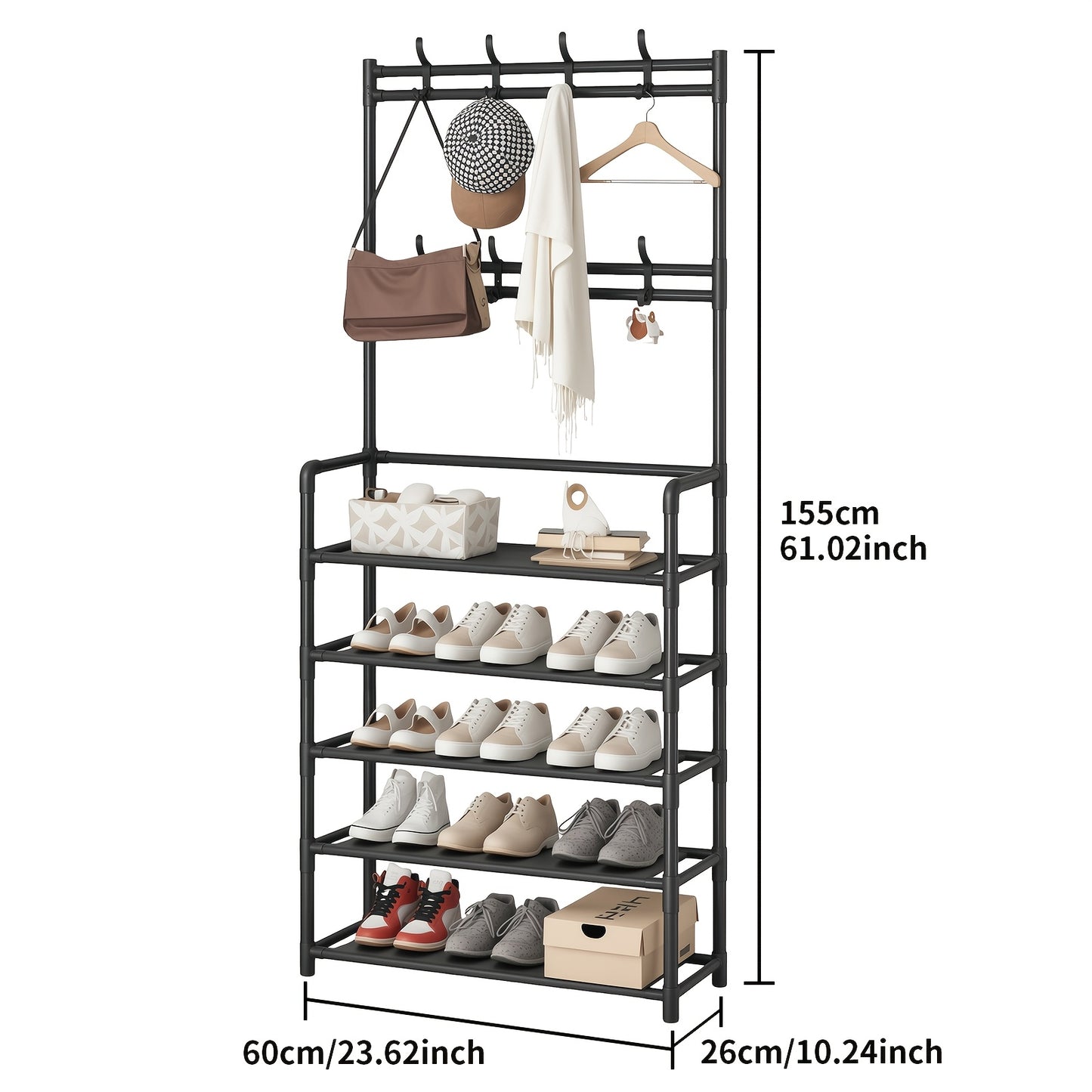 Porte-Chaussures Économiseur d'Espace - Porte-Manteau à 5 Niveaux avec 8 Crochets, Structure Solide en Métal Doré/Plastique, Design Autoportant ou Mural pour Maison, Bureau et Magasin - Idéal pour Ranger Chaussures, Manteaux, Chapeaux, etc., Cadeau d'Hall