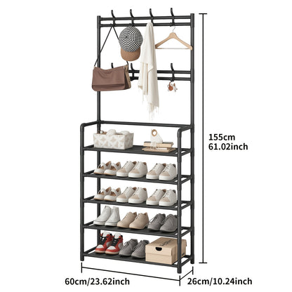 Porte-Chaussures Économiseur d'Espace - Porte-Manteau à 5 Niveaux avec 8 Crochets, Structure Solide en Métal Doré/Plastique, Design Autoportant ou Mural pour Maison, Bureau et Magasin - Idéal pour Ranger Chaussures, Manteaux, Chapeaux, etc., Cadeau d'Hall