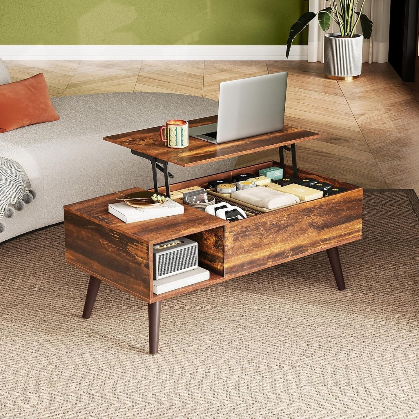 Table Basse Réglable en Hauteur, Extensible, Table de Salon avec Grand Compartiment de Rangement Caché, Plateau de Levage, Table Basse pour Bureau, Table de Canapé