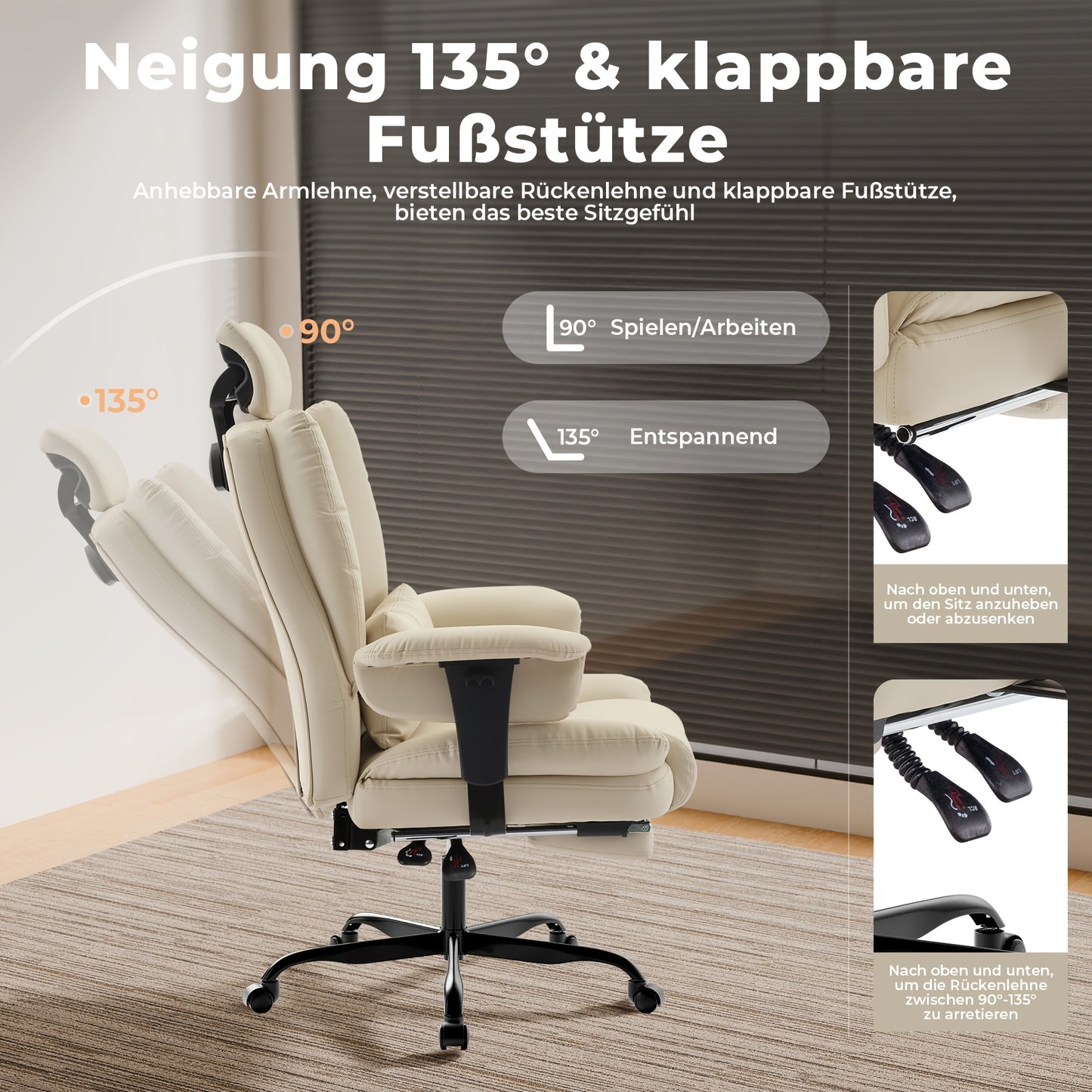Chaise de Bureau Ergonomique 200kg, Fauteuil d'Ordinateur avec Support Lombaire et Pouf, Chaise Haute Dossier Élevable pour Table Bureaux Noir