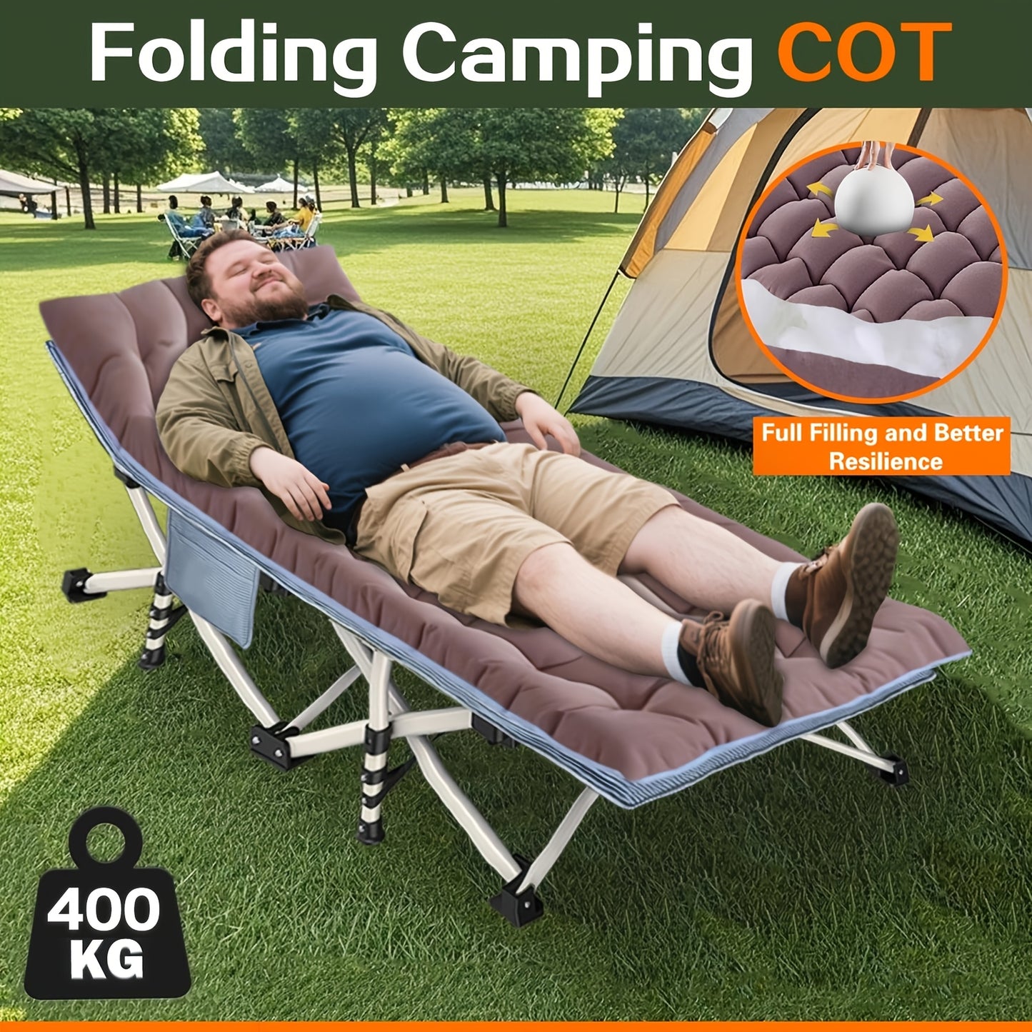 Lit de camping pliable portable XXL mesurant 200 cm par 190 cm, avec un matelas amovible et capable de supporter des poids de 300 kg à 400 kg. Il n'a pas besoin d'installation et est idéal pour une utilisation en extérieur, le camping, les tentes, les bur