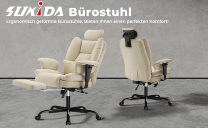 Chaise de Bureau Ergonomique 200kg, Fauteuil d'Ordinateur avec Support Lombaire et Pouf, Chaise Haute Dossier Élevable pour Table Bureaux Noir