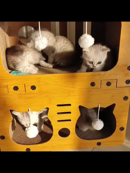 Grande maison pour chat avec poteaux à griffer, panier de transport et griffoir 3-en-1 en carton pour aiguiser les griffes, se cacher et se reposer, pompon intégré pour jouer, construction durable et robuste & facile à assembler, supporte jusqu'à 11 kg, c