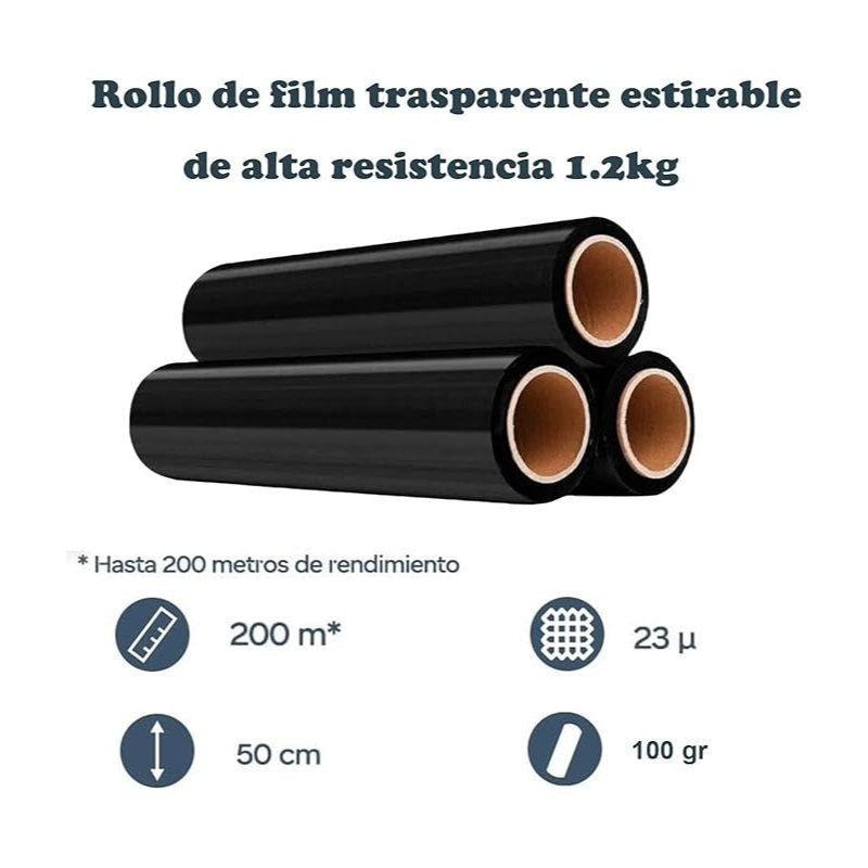 Rouleau de film noir pour emballage 50 cm x 200 m | Plastique rétractable de 23 microns avec haute résistance et adhérence industrielle