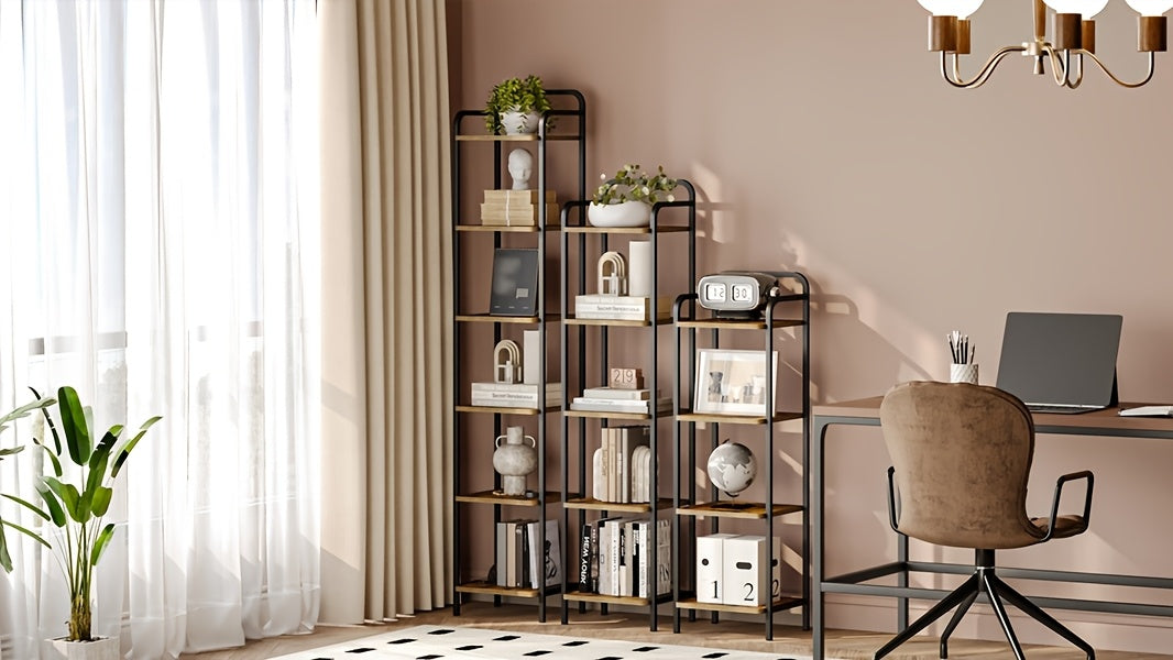 Étagère, Bibliothèque, Étagère Debout, Bibliothèque Étroite, Étagère d'Angle Industrielle, Étagère Mince pour Bureau à Domicile, Salon, Chambre, Cuisine, 6 Niveaux Vintage Marron-Noir