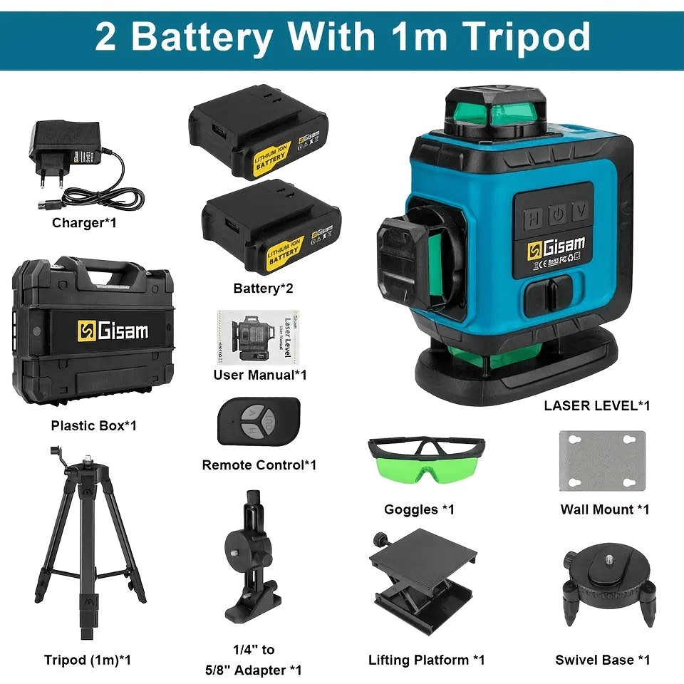 Niveau laser 4D vert Gisam 16 lignes avec trépied et contrôle par application, 4 x 360° auto-nivellement horizontal vertical croisé, outil de construction haute précision avec batterie lithium rechargeable, pour rénovation domicile et projets d'ingénierie