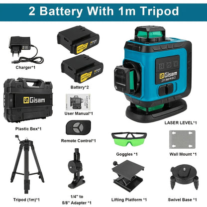 Niveau laser 4D vert Gisam 16 lignes avec trépied et contrôle par application, 4 x 360° auto-nivellement horizontal vertical croisé, outil de construction haute précision avec batterie lithium rechargeable, pour rénovation domicile et projets d'ingénierie