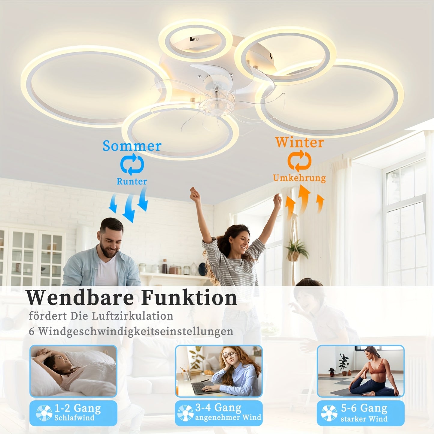 Lampe avec ventilateur moderne LED dimmable, plafonnier avec éclairage silencieux réversible pour salon, télécommande et application, 6 vitesses, minuterie, DC-blanc
