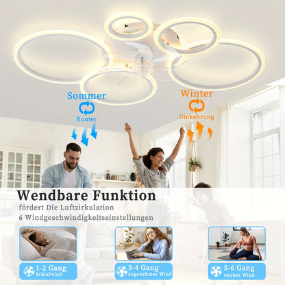 Lampe avec ventilateur moderne LED dimmable, plafonnier avec éclairage silencieux réversible pour salon, télécommande et application, 6 vitesses, minuterie, DC-blanc