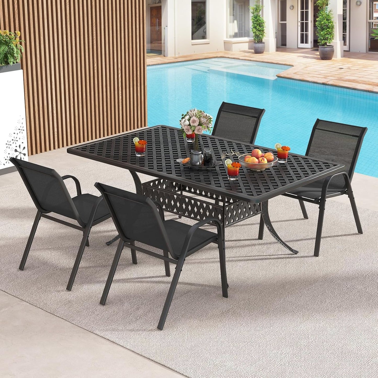 Ensemble de 4 chaises de jardin empilables, chaises de patio en textilène et cadre métallique avec accoudoirs, chaises de balcon avec capacité de charge de 150 kg, 56 x 70 x 84 cm (Noir)