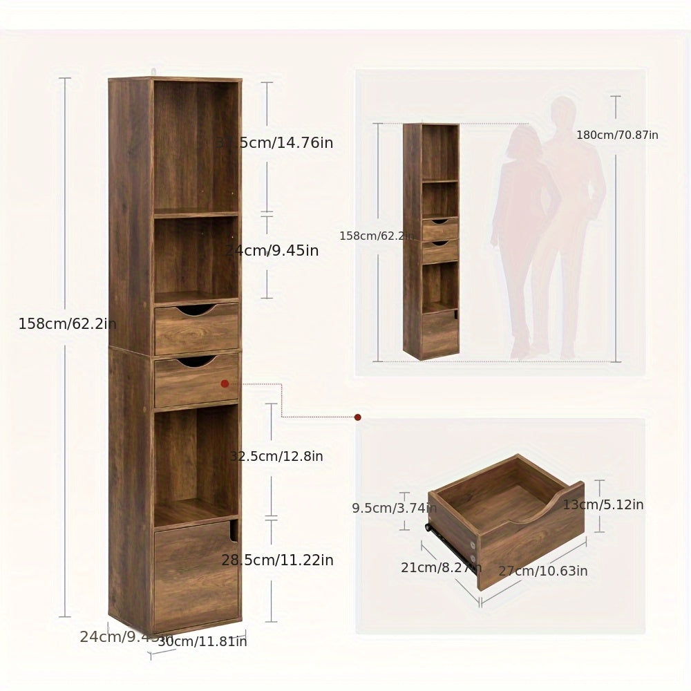 Étagère à Livres Verticale avec Tiroirs et Portes, Étagère de Bureau, Rangement pour Salon et Chambre, 30 x 158 x 24 Centimètres