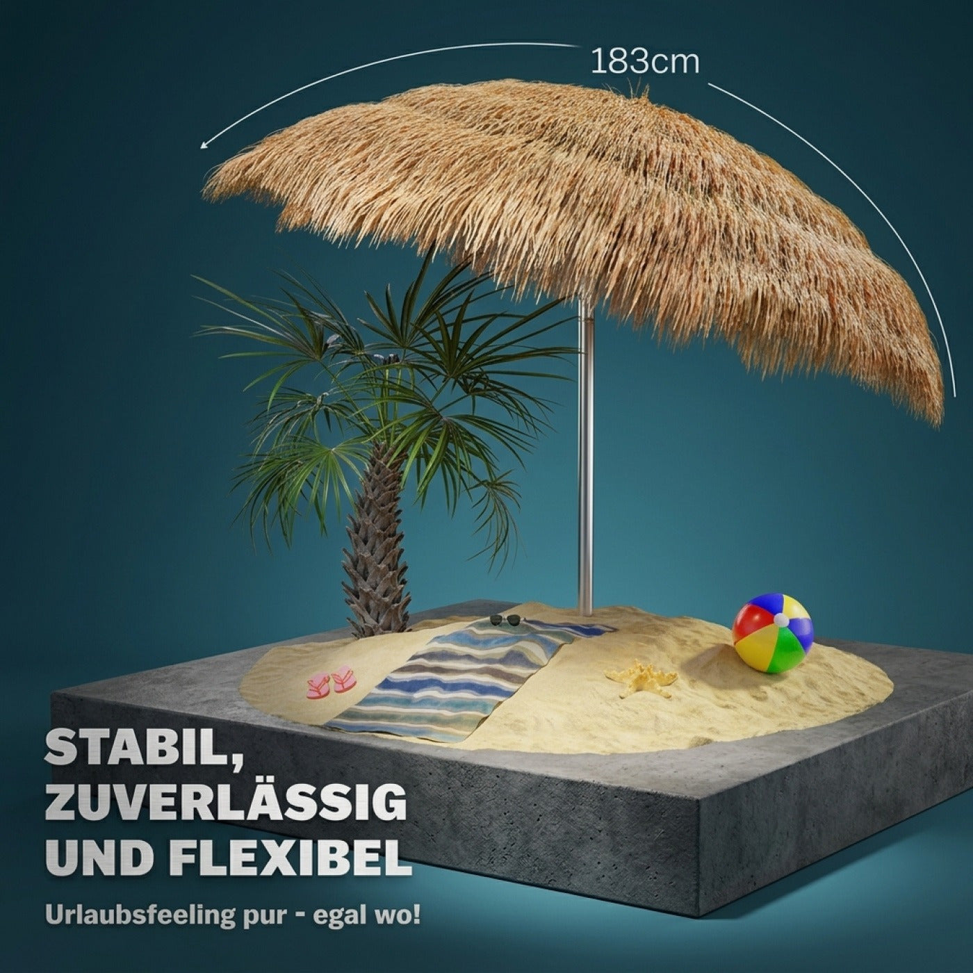 Parasol de plage Hawaï Ø160Cm Hauteur Réglable Protection UV 30+ Grand Rond Balcon Plage Parasol en Paille Parasol de Plage Parasol Hawaïen Marron