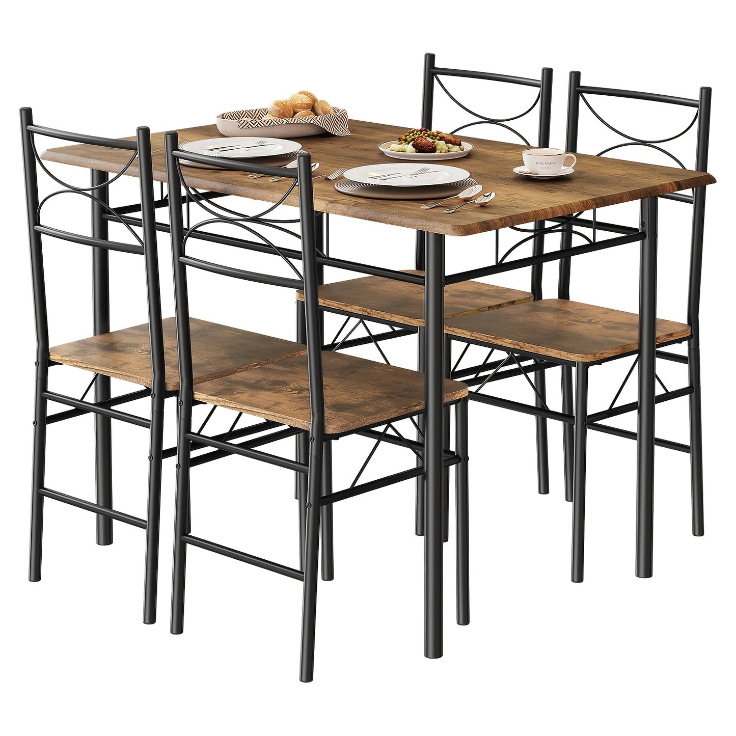 Table à manger, quatre chaises, table à manger pour quatre personnes, salle à manger, salle à manger de cuisine, table de salle à manger de cuisine, cadre en métal, MDF, marron vintage et argenté.