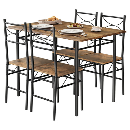 Table à manger, quatre chaises, table à manger pour quatre personnes, salle à manger, salle à manger de cuisine, table de salle à manger de cuisine, cadre en métal, MDF, marron vintage et argenté.