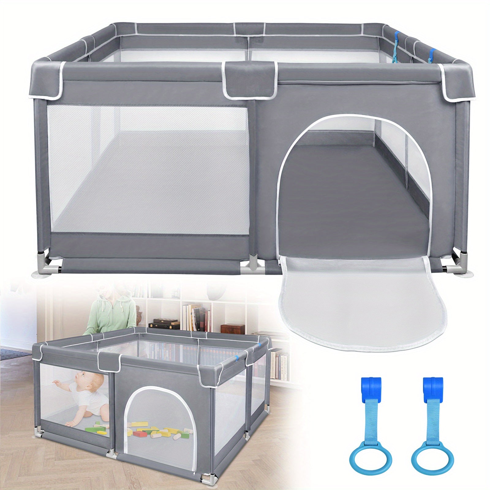 Parc pour enfants couleur unie, parc gris pour usage intérieur et extérieur, trois tailles disponibles avec base antidérapante et grille