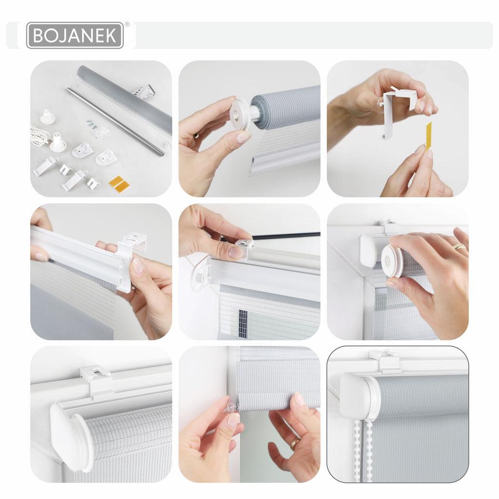 Store de Jour et de Nuit - BLANC - 32 Tailles - BOJANEK JOUR & NUIT - Non Invasif sur la Fenêtre, Installation Sans Perçage, Ajustement de la Chaîne, Supports Réglables pour Différentes Épaisseurs de Fenêtre, Design Moderne, Protection Contre la Lumière e